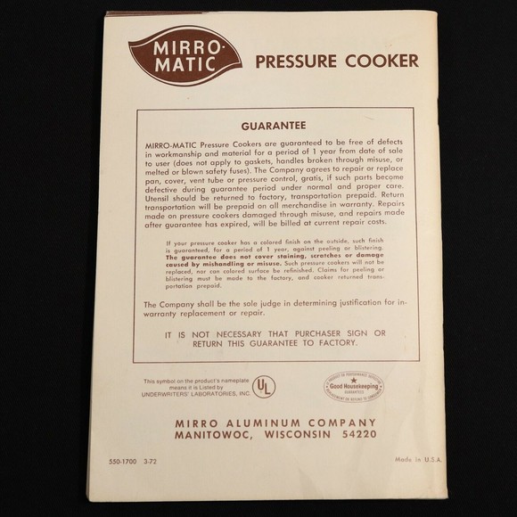 Mirro Matic Vintage 1961 Speed Pressure Cooker Instruction Recipe Manual Booklet - Picture 2 of 7